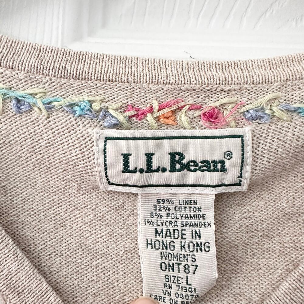 LL Bean Vintage Beige Linen Cotton Cardigan Embroidered Multi Floral Trim Large - Picture 6 of 9